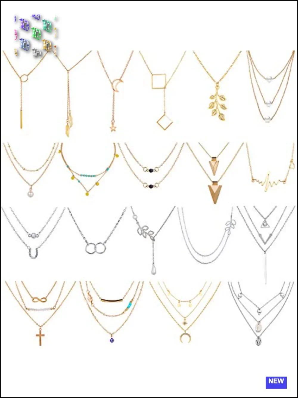 20 Pendant Necklaces, Gold and Silver, Alloy, Fashion Jewelry Set